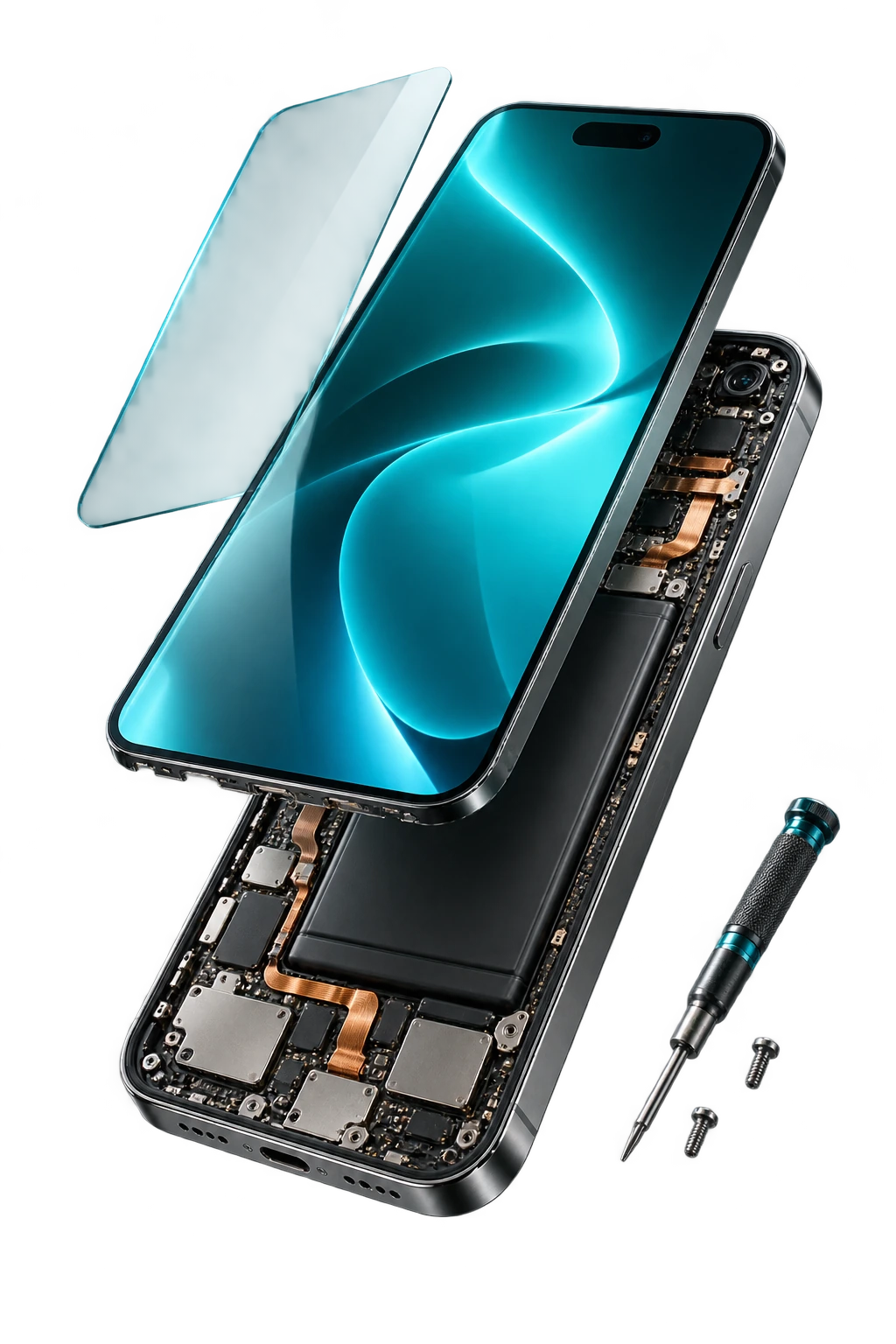 Téléphone en vue éclatée, écran, composants et outils de réparation